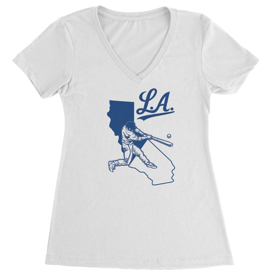 Los Angeles Baseball Batter Up Ladies V-Neck T-shirt White