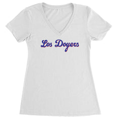 Los Doyers script lettering printed on a Women's Lightweight V-Neck T-Shirt