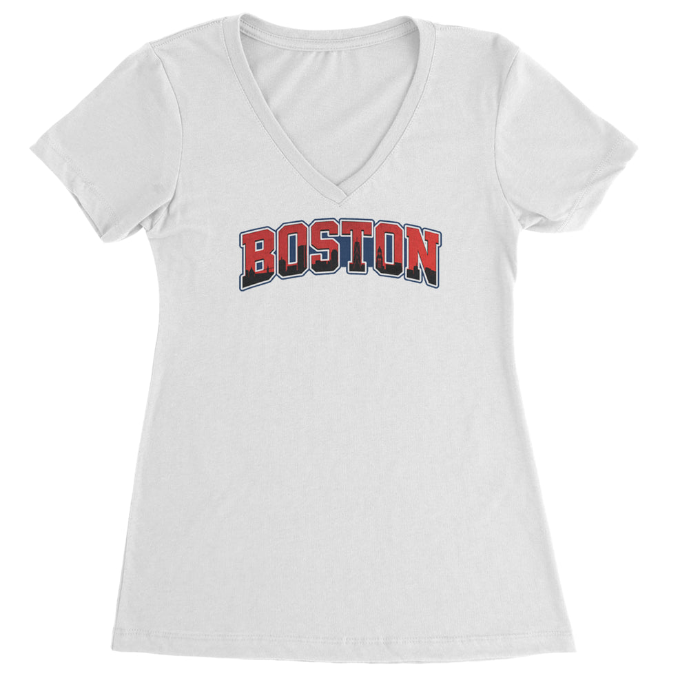 Boston City Pride Skyline graphic on Women's Lightweight V-Neck T-Shirt in White