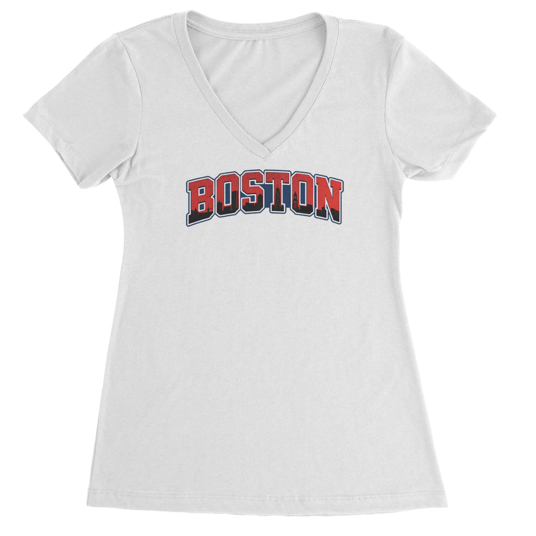 Boston City Pride Skyline Ladies V-Neck T-shirt White