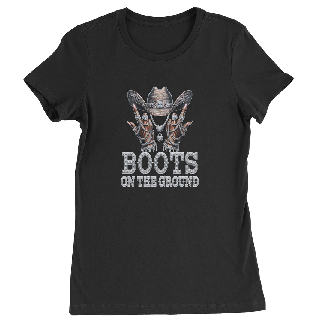 Boots On The Ground Bling artwork with rhinestone-style cowgirl hat and iced-out jewelry details on a Women's Heavyweight Cotton T-Shirt