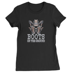 Boots On The Ground Bling artwork with rhinestone-style cowgirl hat and iced-out jewelry details on a Women's Heavyweight Cotton T-Shirt