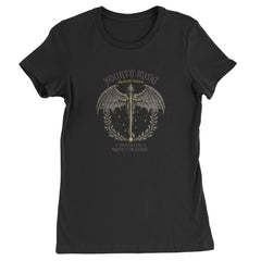 Women's Heavyweight Cotton T-Shirt with a vintage dragon and laurel graphic referencing dragon riders and Basgiath War College
