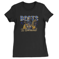 Women's Heavyweight Cotton T-Shirt with glam cowgirl art, statement jewelry, shades, folding fan, and "Boots on da Ground" text