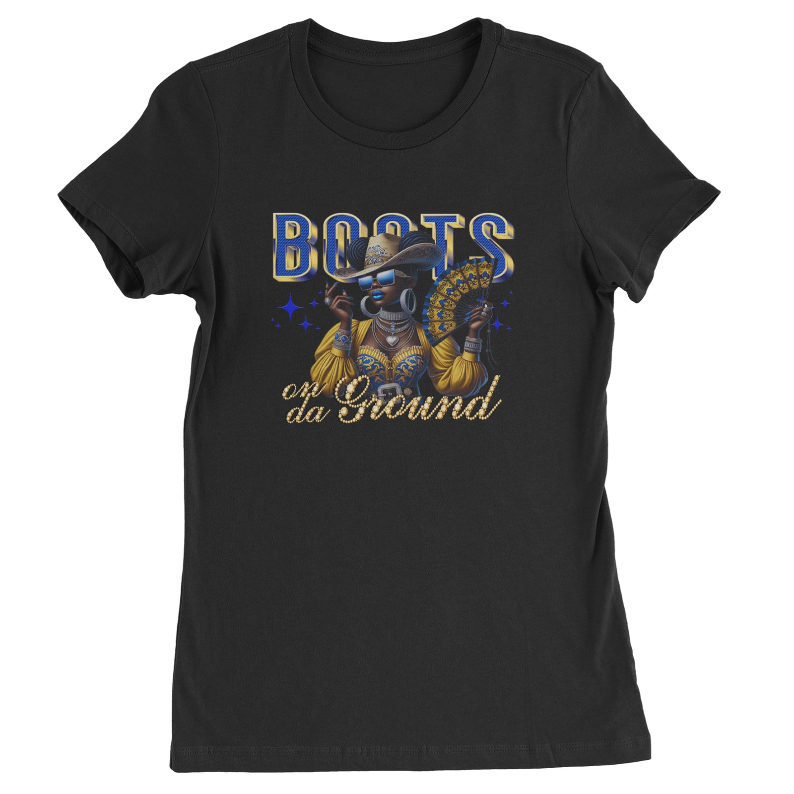 Boots On Da Ground Folding Fan Womens T-shirt Black