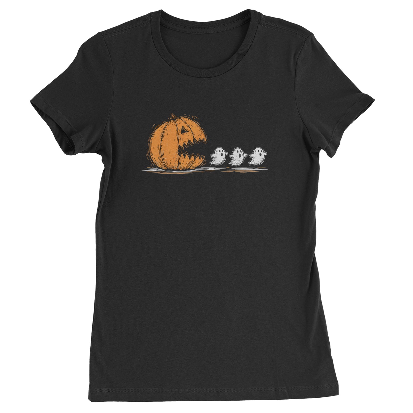 Pumpkin Pacman Chasing Ghosts Halloween Womens T-shirt Black