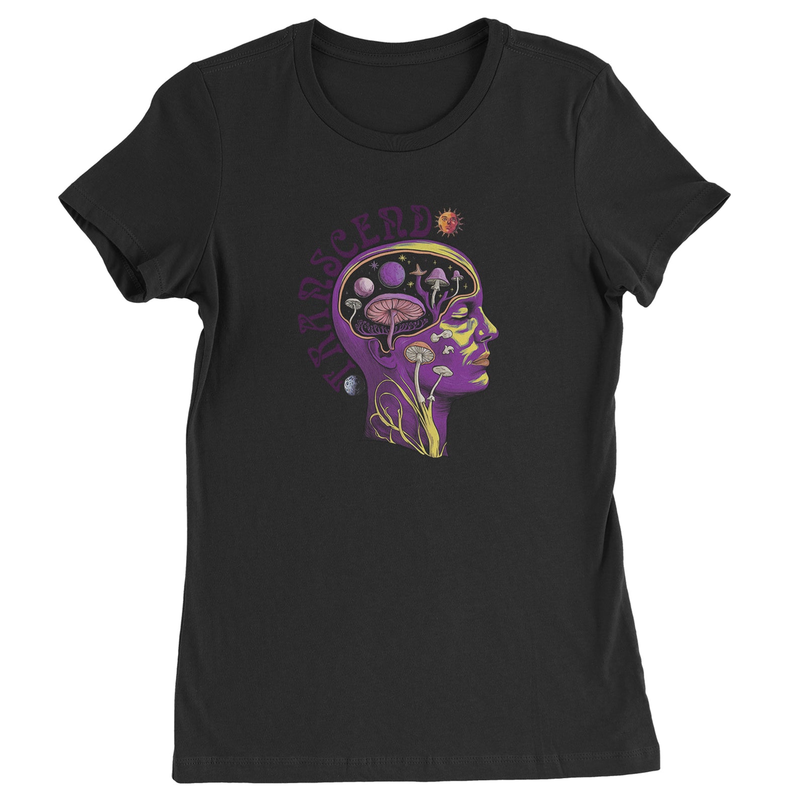 Psychedelic Cosmic Mushroom Head Womens T-shirt Yellow