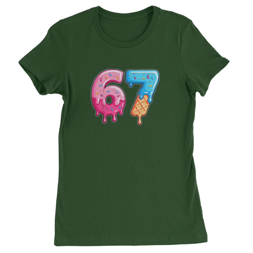 67 Dripping Ice Cream Donut Melt graphic on Women's Heavyweight Cotton T-Shirt in Forest Green
