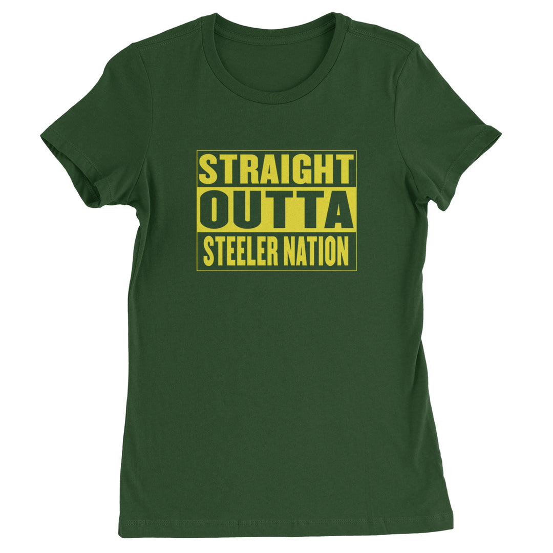 Straight Outta Steeler Nation Football graphic on Women's Heavyweight Cotton T-Shirt in Forest Green