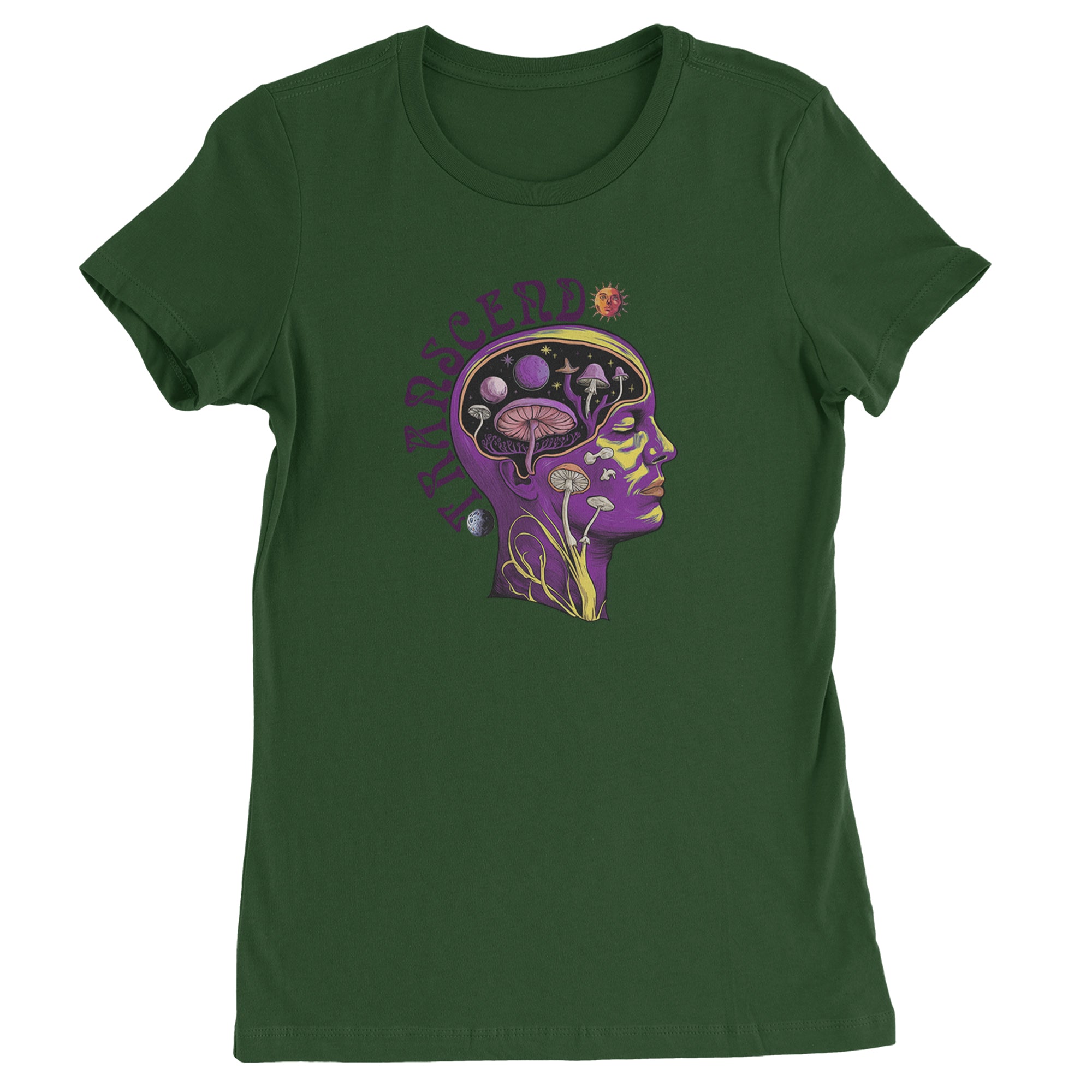Psychedelic Cosmic Mushroom Head Womens T-shirt Forest Green