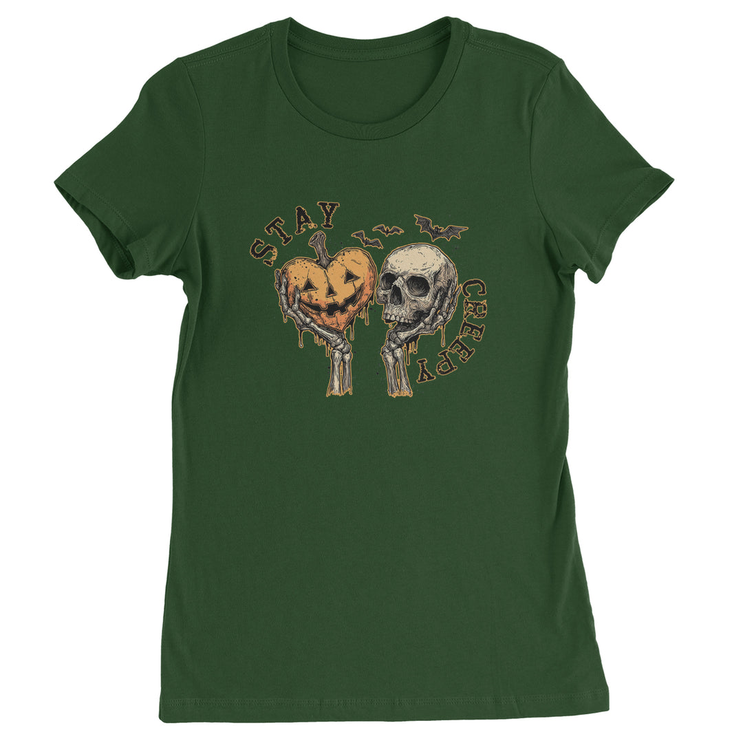 Stay Creepy Skull and Pumpkin Halloween Womens T-shirt Forest Green