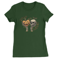 Stay Creepy Skull and Pumpkin Halloween Womens T-shirt Forest Green