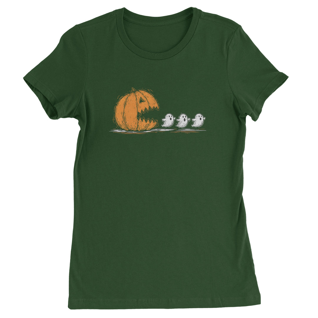 Pumpkin Pacman Chasing Ghosts Halloween Womens T-shirt Forest Green