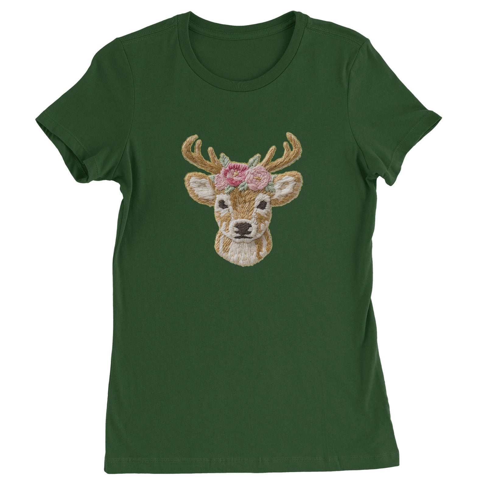 Vintage Reindeer Embroidery Art Soft Cottagecore Womens T-shirt Forest Green