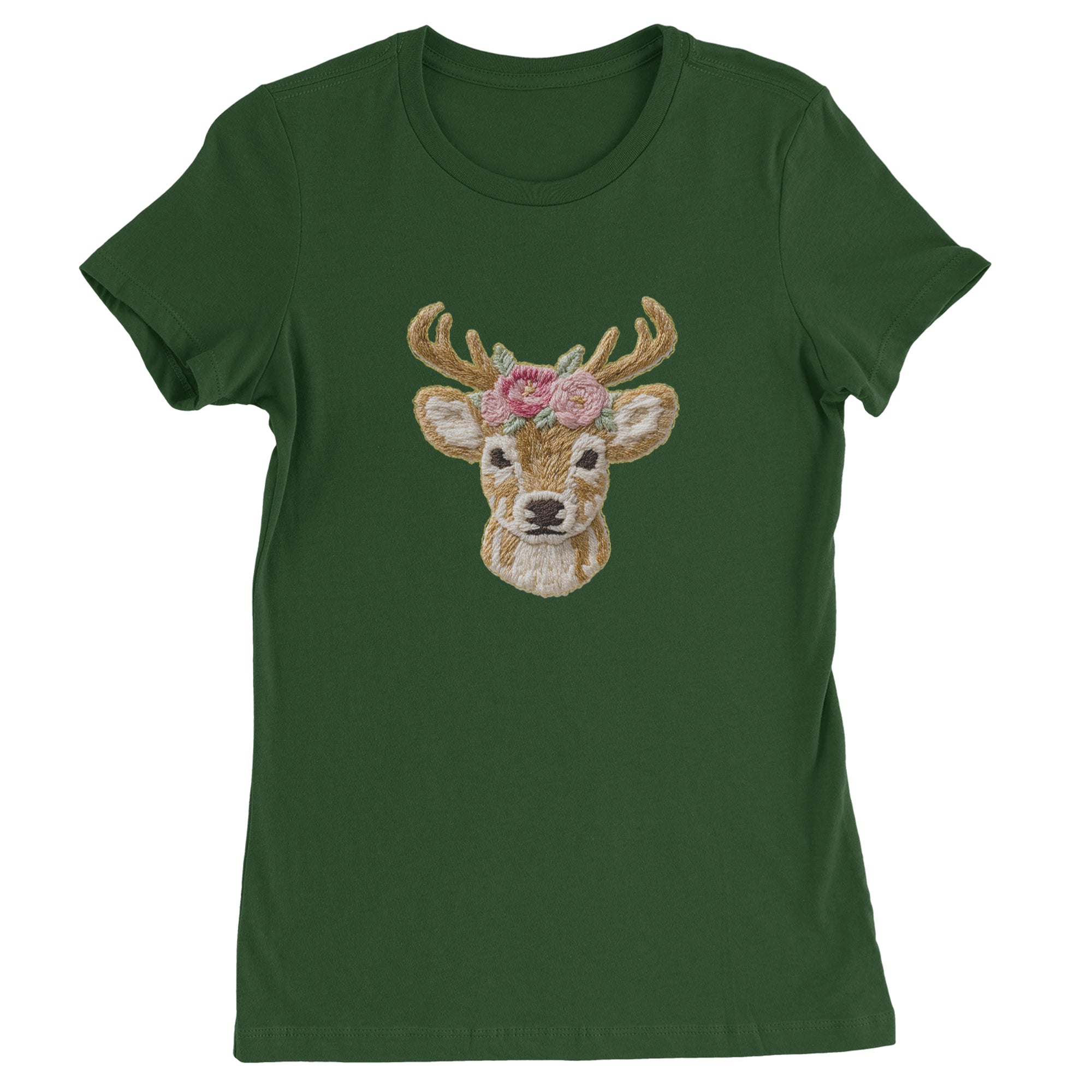 Vintage Reindeer Embroidery Art Soft Cottagecore Womens T-shirt Forest Green