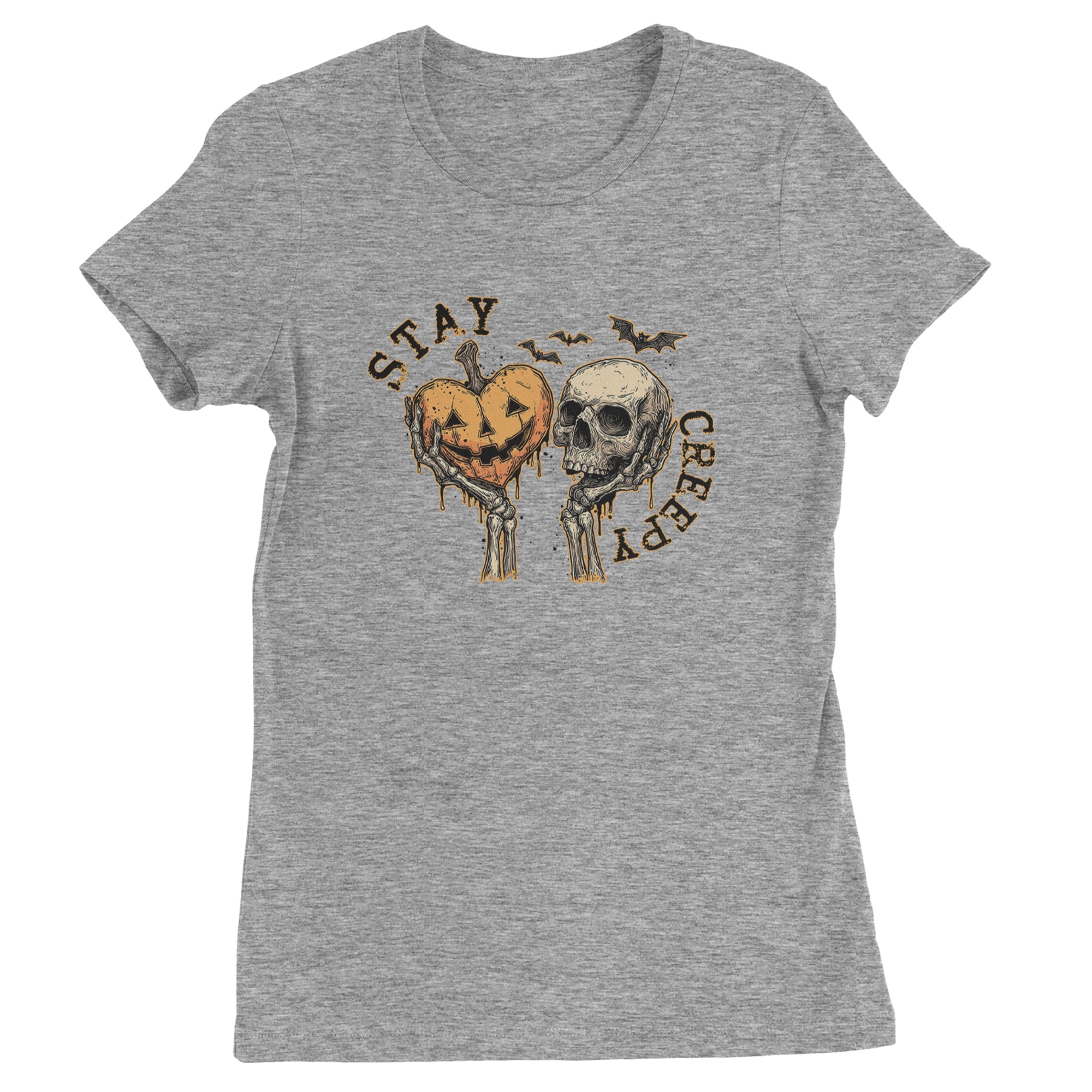Stay Creepy Skull and Pumpkin Halloween Womens T-shirt Heather Grey
