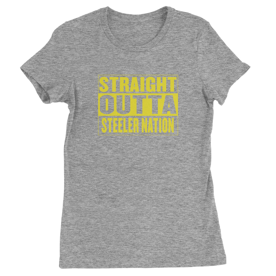 Straight Outta Steeler Nation Football graphic on Women's Heavyweight Cotton T-Shirt in Heather Grey