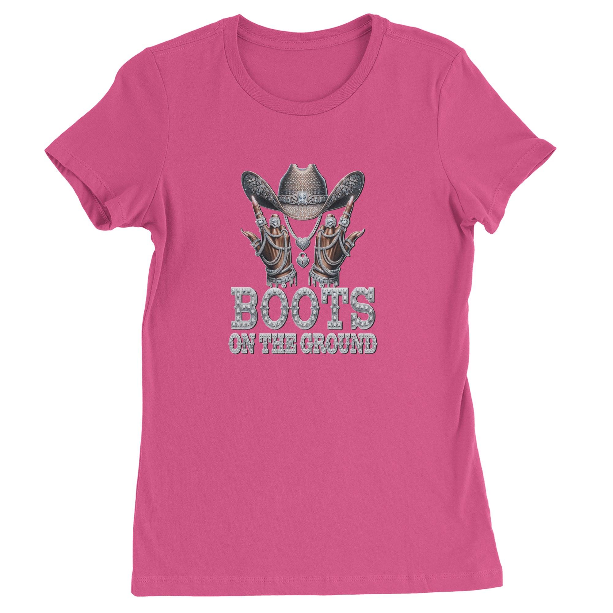 Boots On The Ground Bling Womens T-shirt Hot Pink