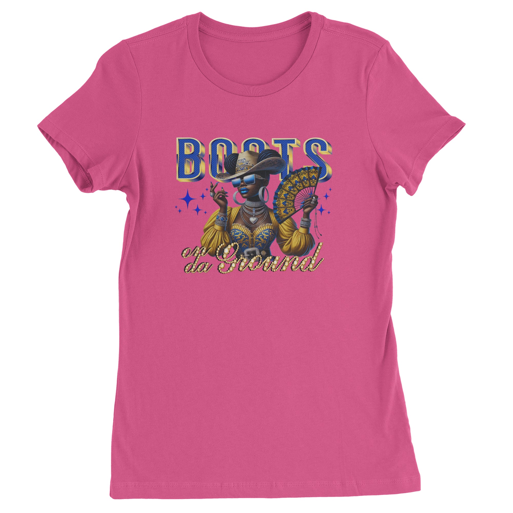 Boots On Da Ground Folding Fan Womens T-shirt Hot Pink