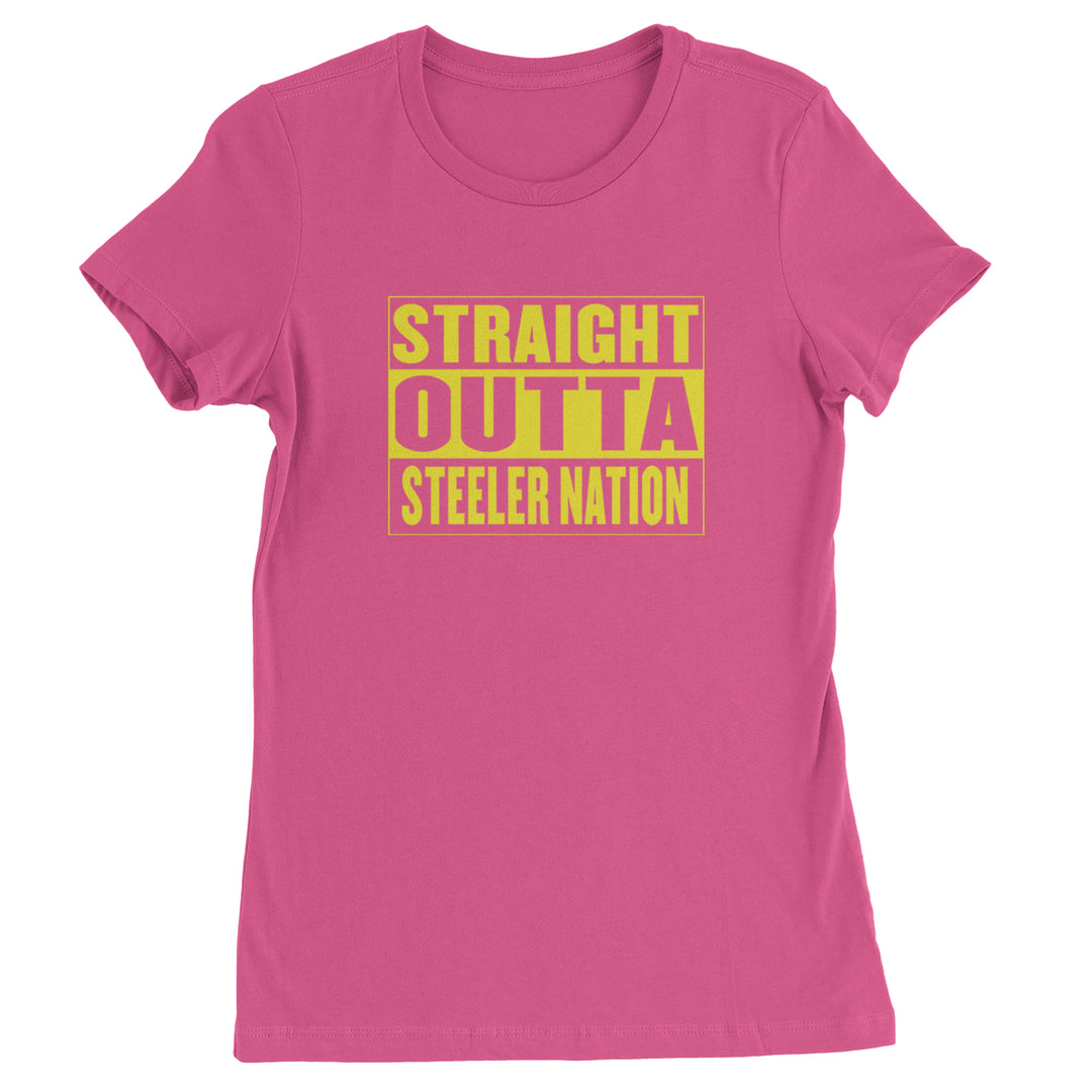 Straight Outta Steeler Nation Football graphic on Women's Heavyweight Cotton T-Shirt in Hot Pink