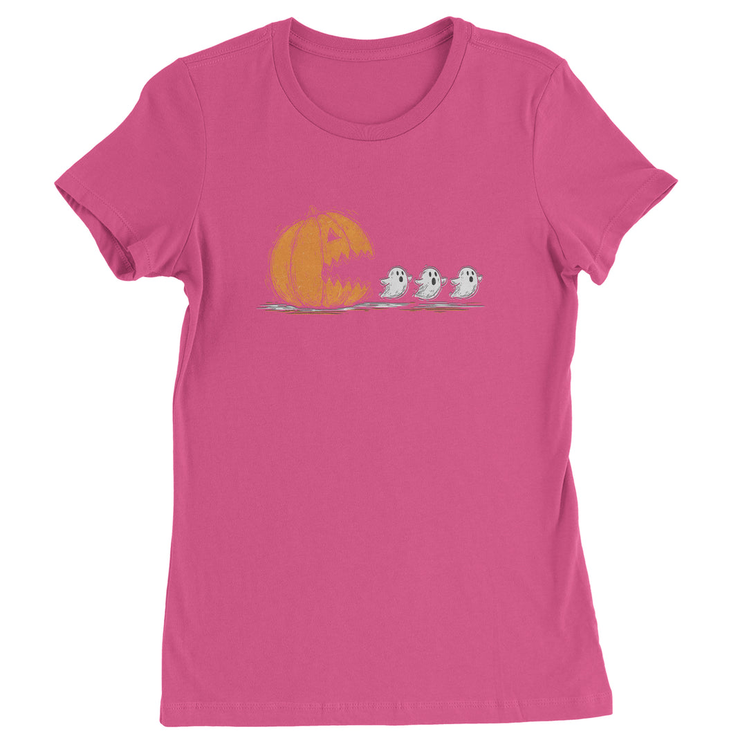 Pumpkin Pacman Chasing Ghosts Halloween Womens T-shirt Hot Pink