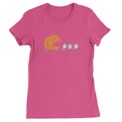 Pumpkin Pacman Chasing Ghosts Halloween Womens T-shirt Hot Pink
