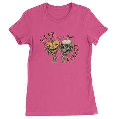 Stay Creepy Skull and Pumpkin Halloween Womens T-shirt Hot Pink