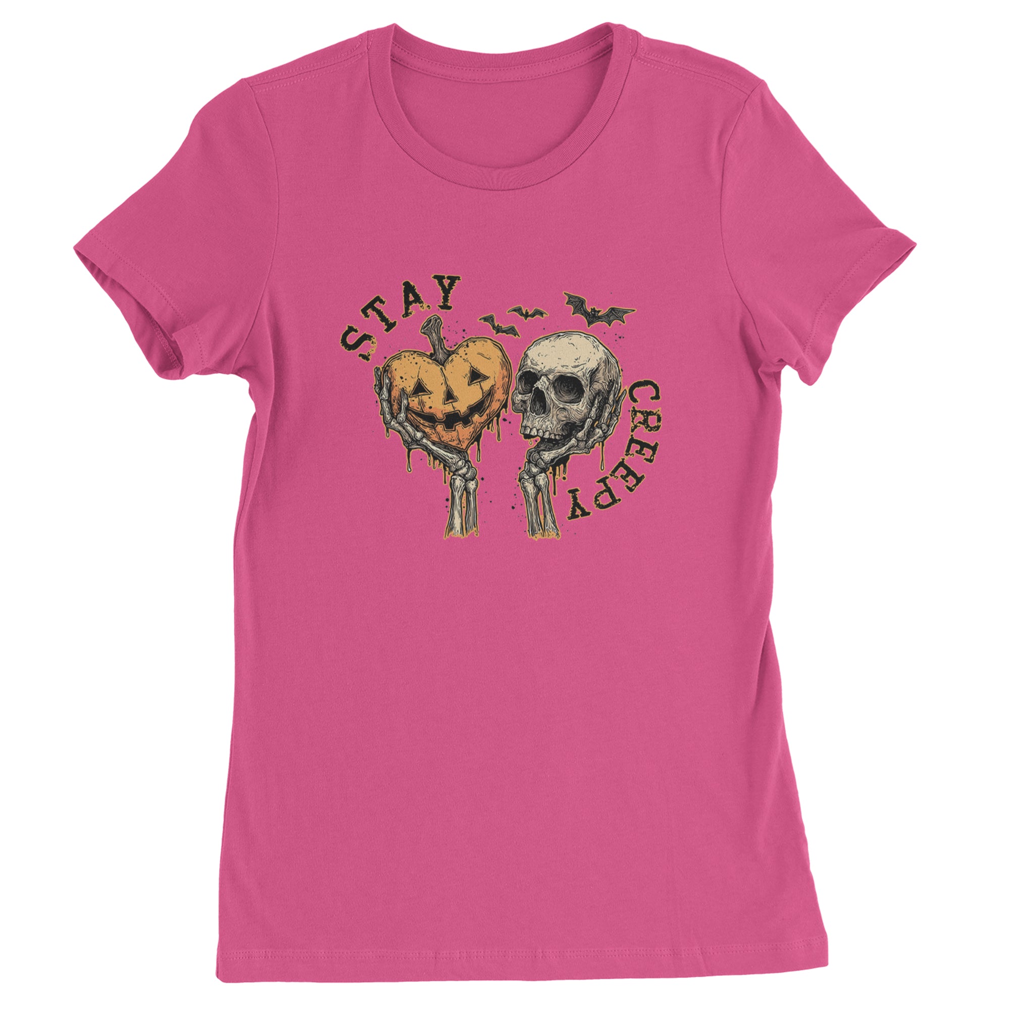 Stay Creepy Skull and Pumpkin Halloween Womens T-shirt Hot Pink