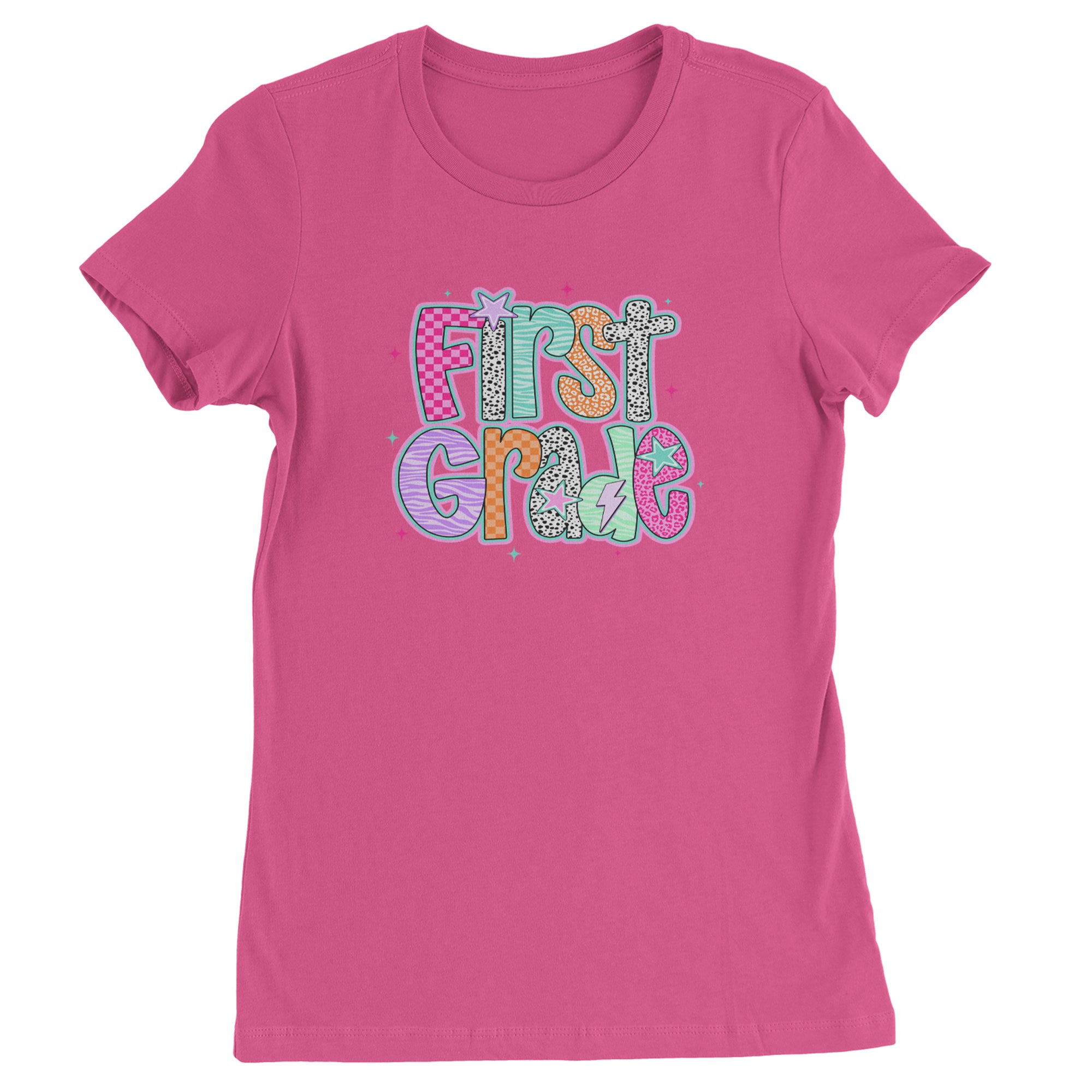 First Grade Vibes Colorful Back to School Womens T-shirt Hot Pink