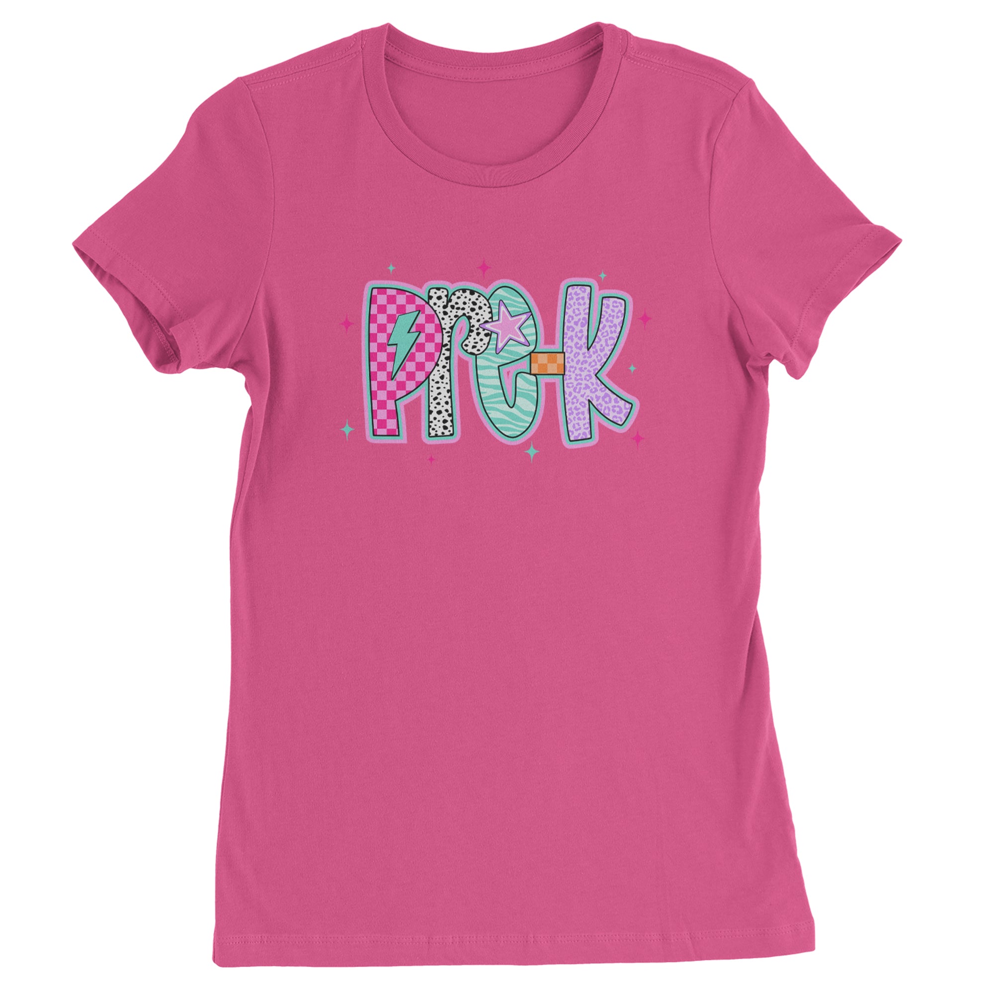 Pre-K Party Time Colorful Back to School Womens T-shirt Hot Pink