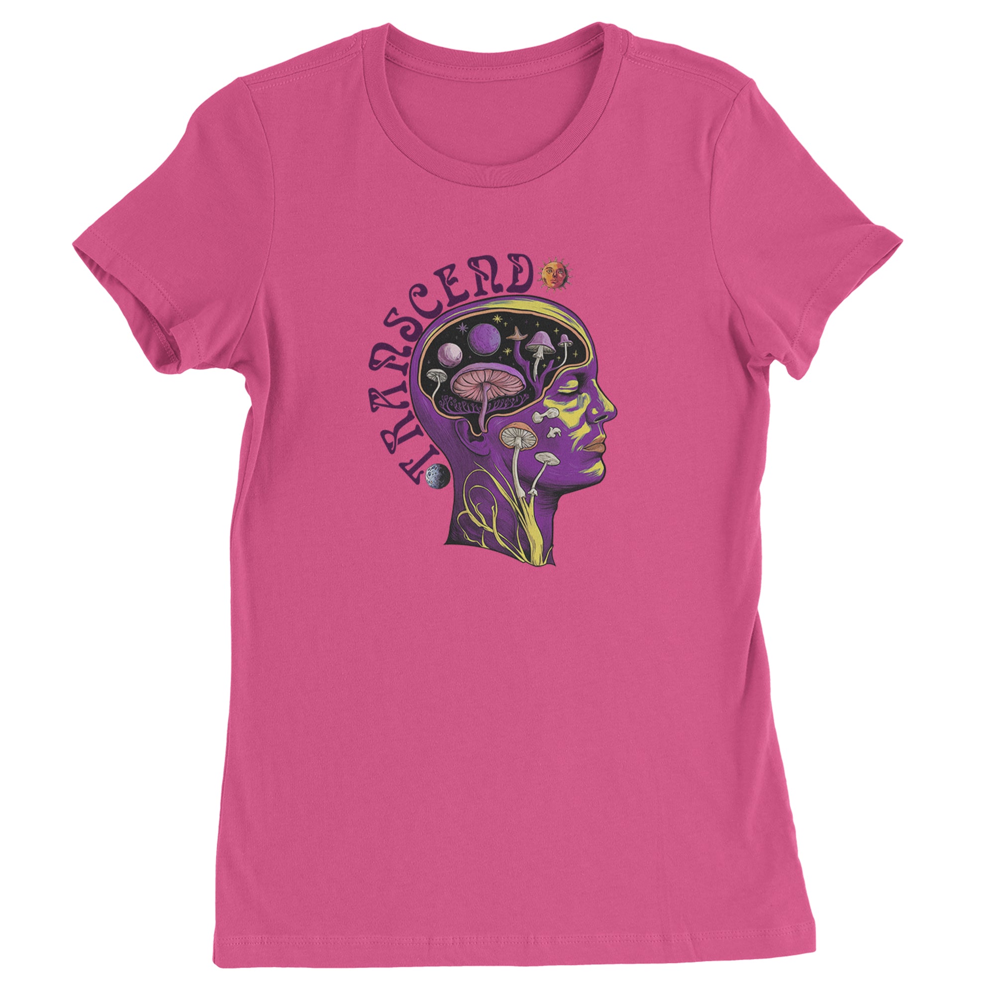 Psychedelic Cosmic Mushroom Head Womens T-shirt Hot Pink