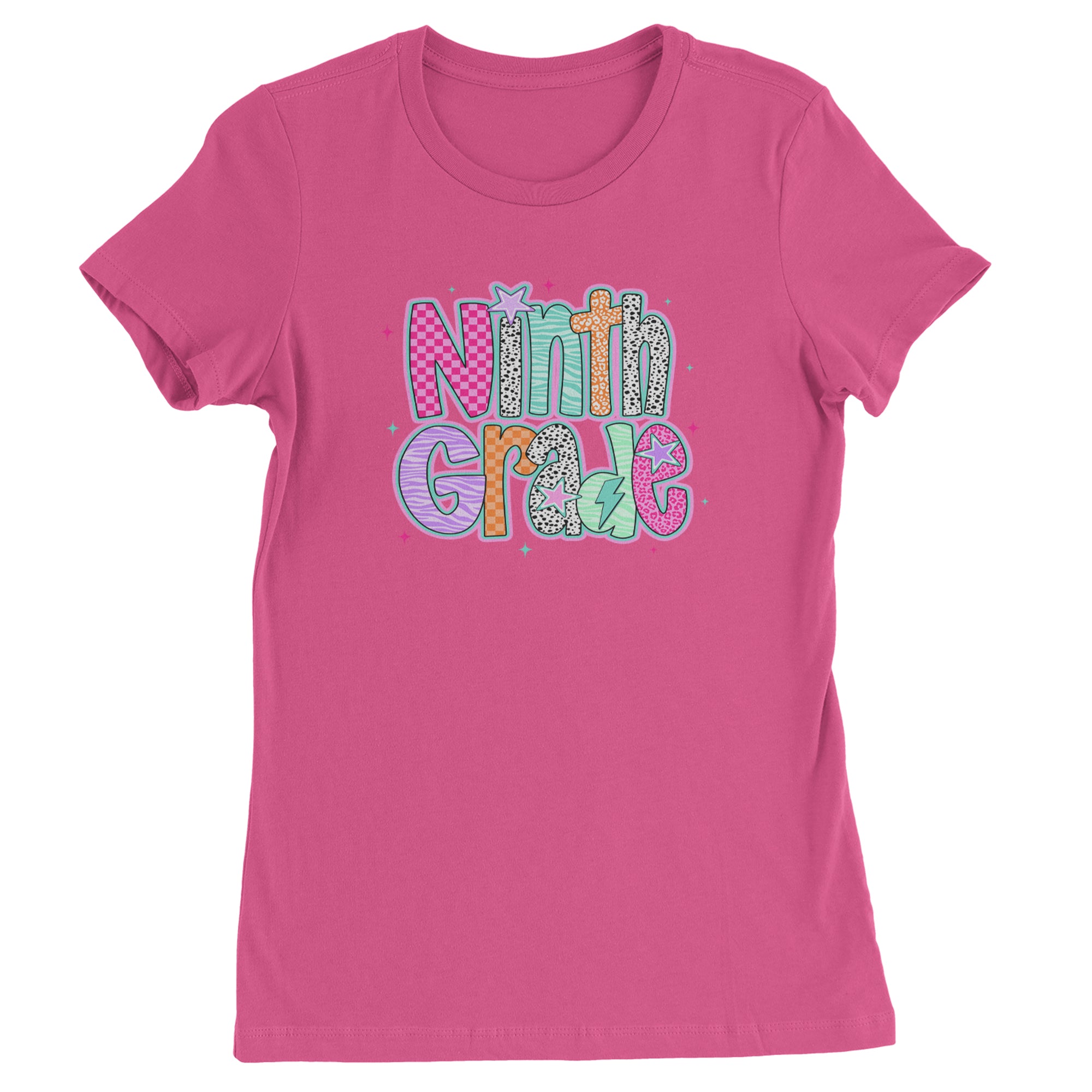 Ninth Grade Freshman Vibes Colorful Back to School Womens T-shirt Hot Pink