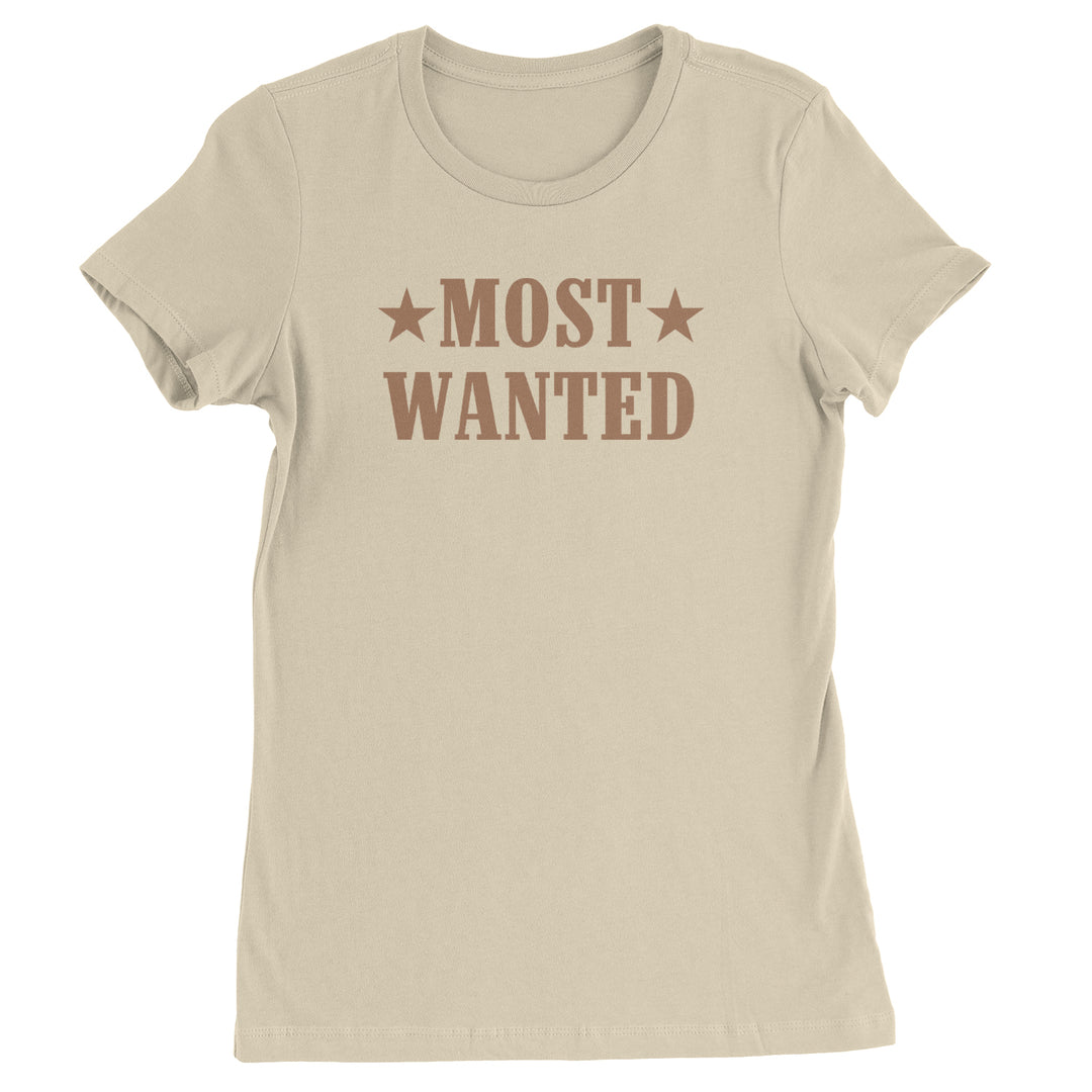 Women's Heavyweight Cotton T-Shirt with a Western wanted-poster style graphic featuring "MOST WANTED" text and star icons