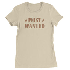 Women's Heavyweight Cotton T-Shirt with a Western wanted-poster style graphic featuring "MOST WANTED" text and star icons