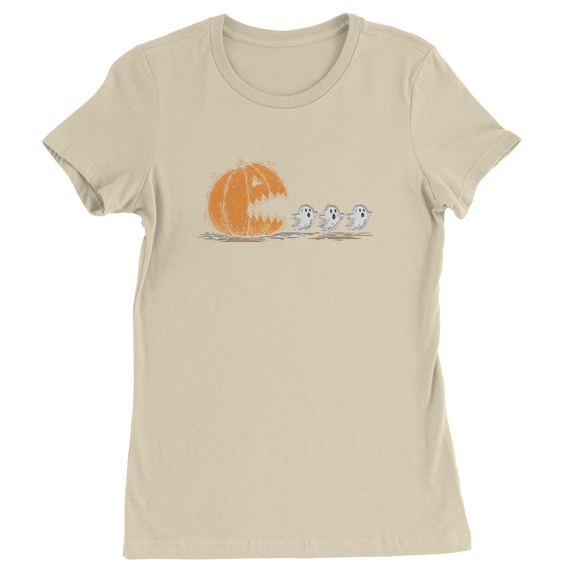 Pumpkin Pacman Chasing Ghosts Halloween Womens T-shirt Ivory