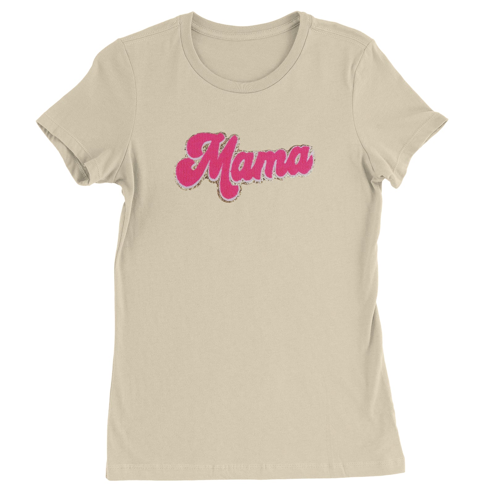 Mama Hot Pink Glitter Chenille Patch Womens T-shirt Ivory