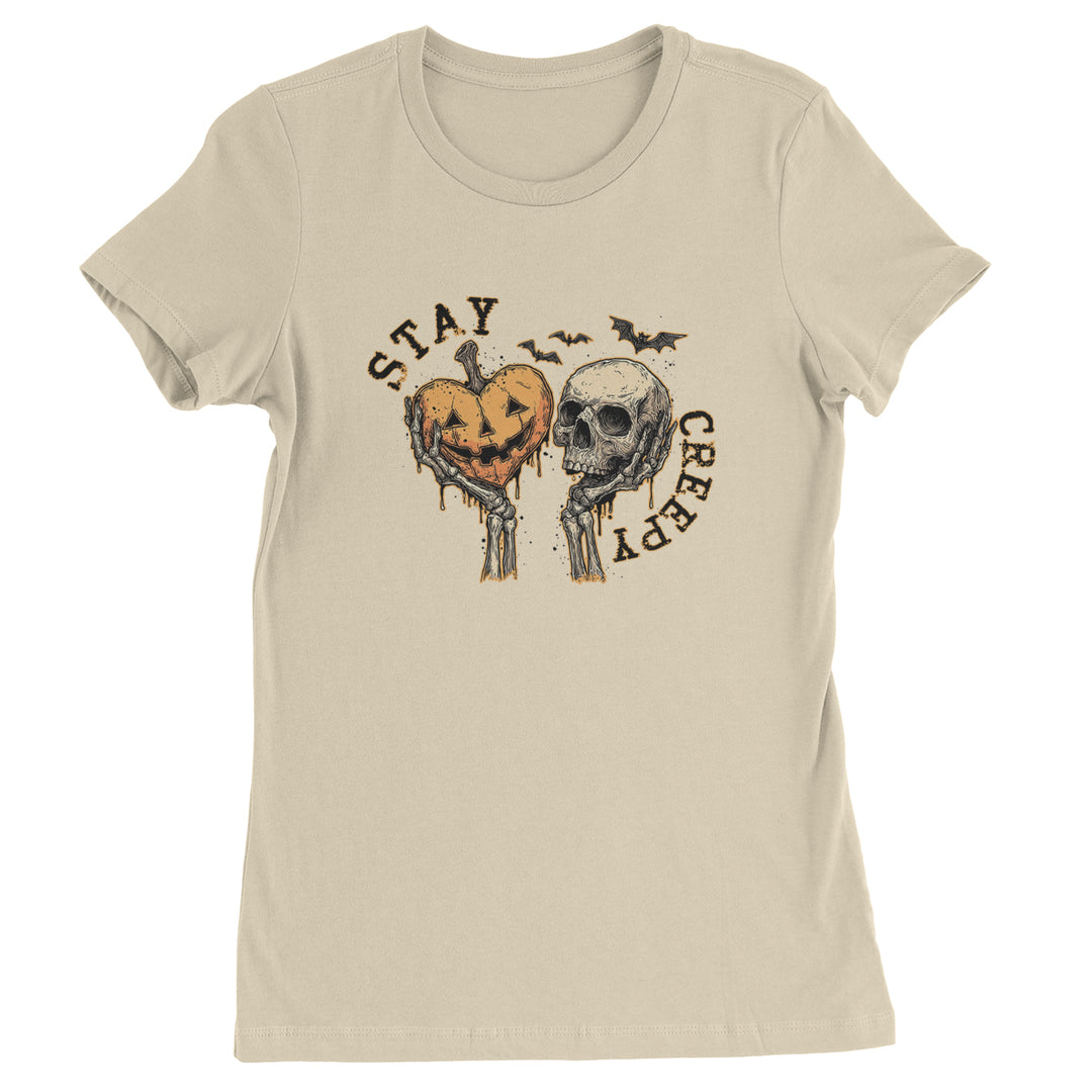 Stay Creepy Skull and Pumpkin Halloween Womens T-shirt Ivory