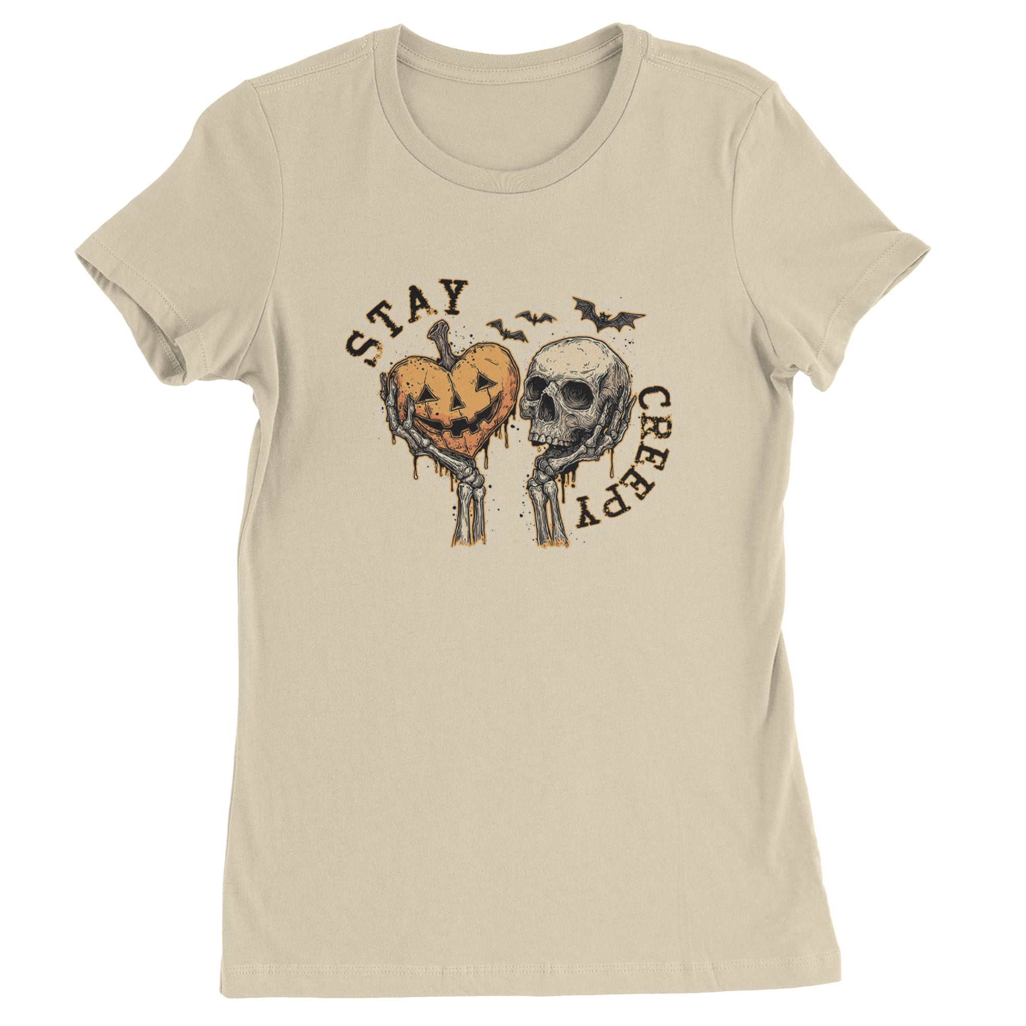 Stay Creepy Skull and Pumpkin Halloween Womens T-shirt Ivory