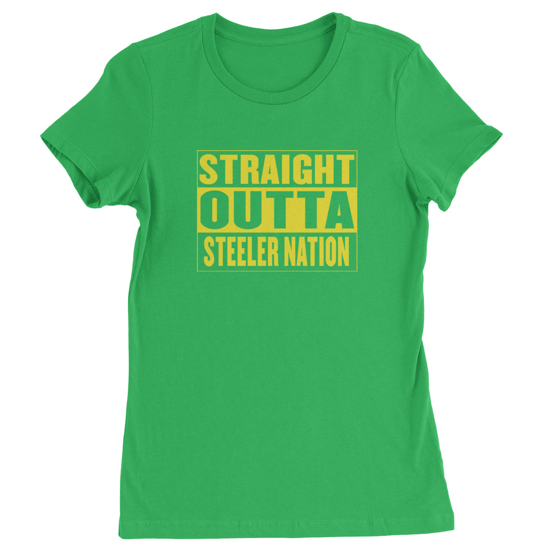 Straight Outta Steeler Nation Football graphic on Women's Heavyweight Cotton T-Shirt in Kelly Green