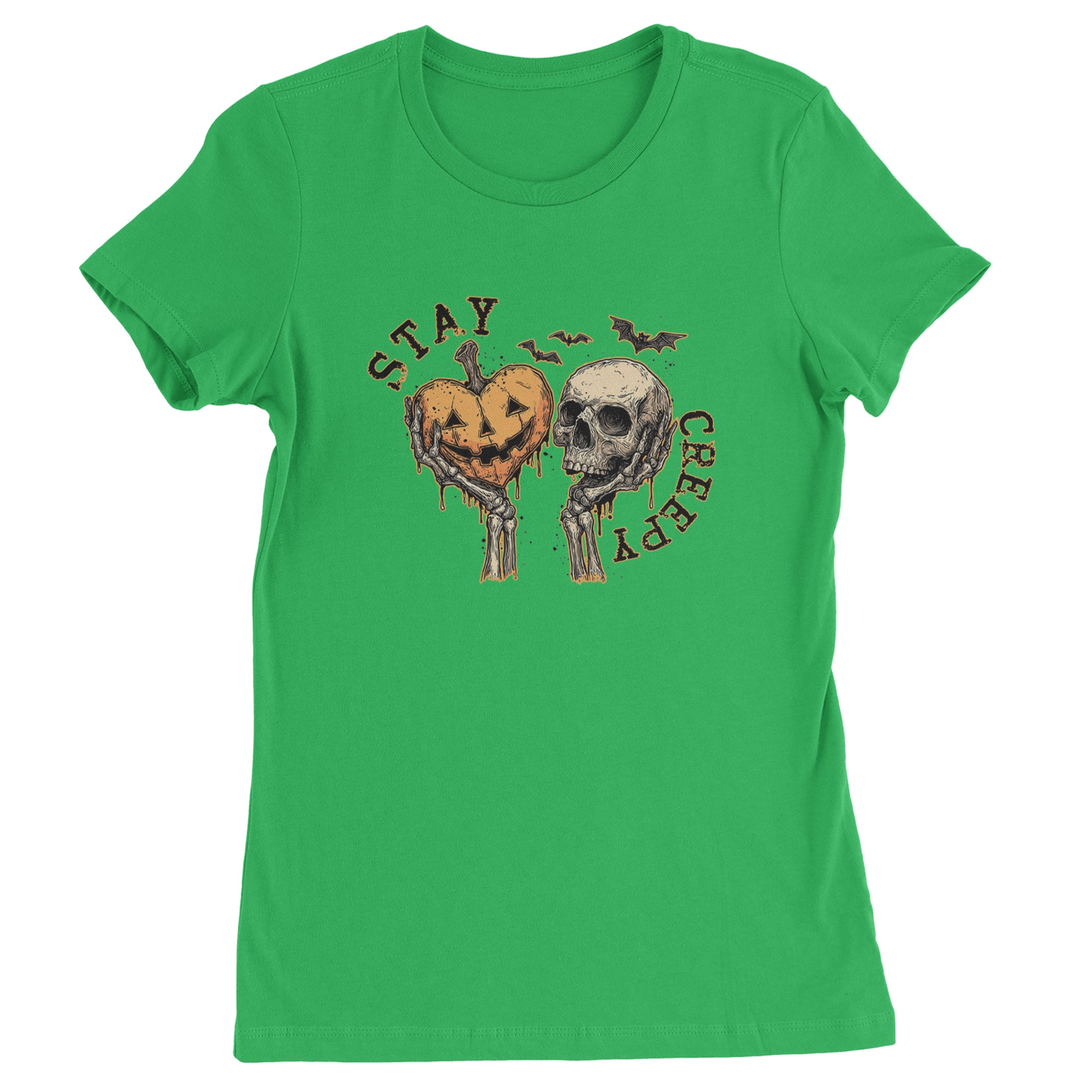 Stay Creepy Skull and Pumpkin Halloween Womens T-shirt Kelly Green