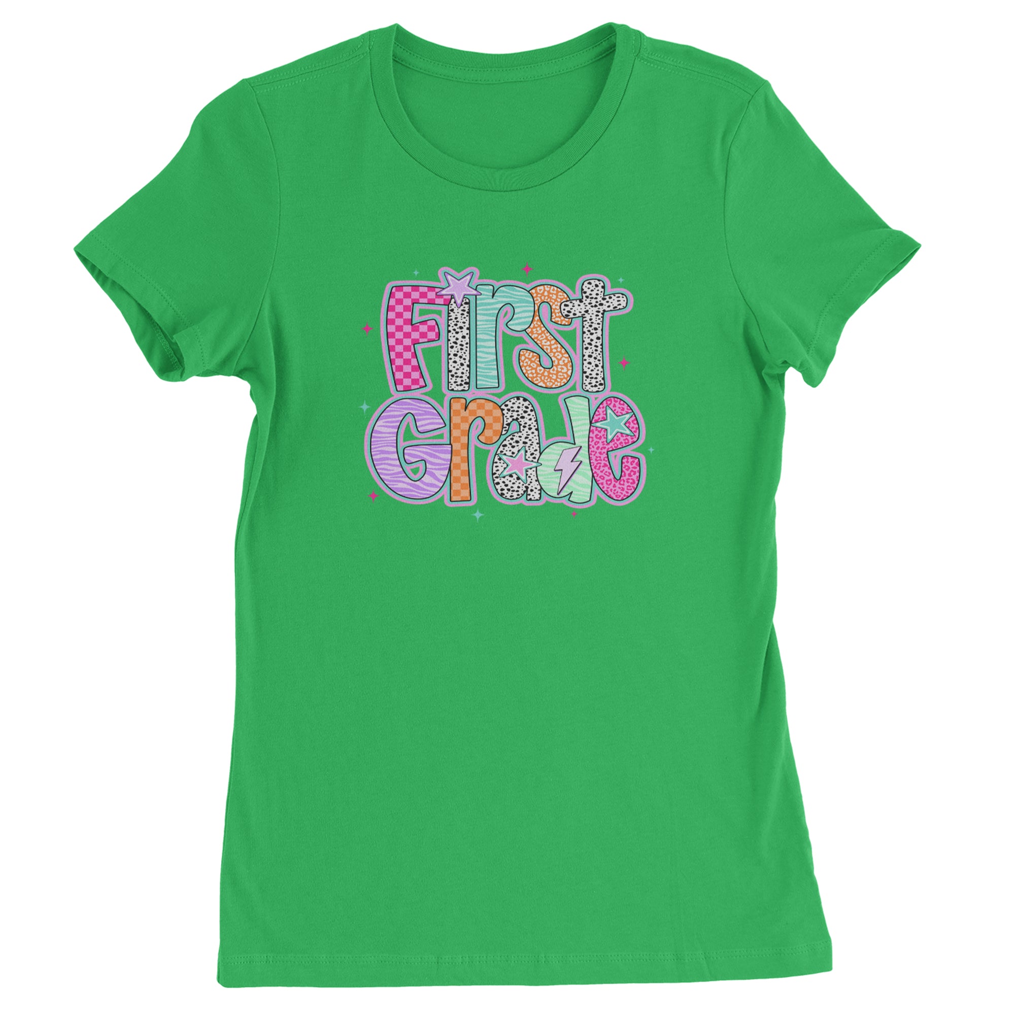 First Grade Vibes Colorful Back to School Womens T-shirt Kelly Green