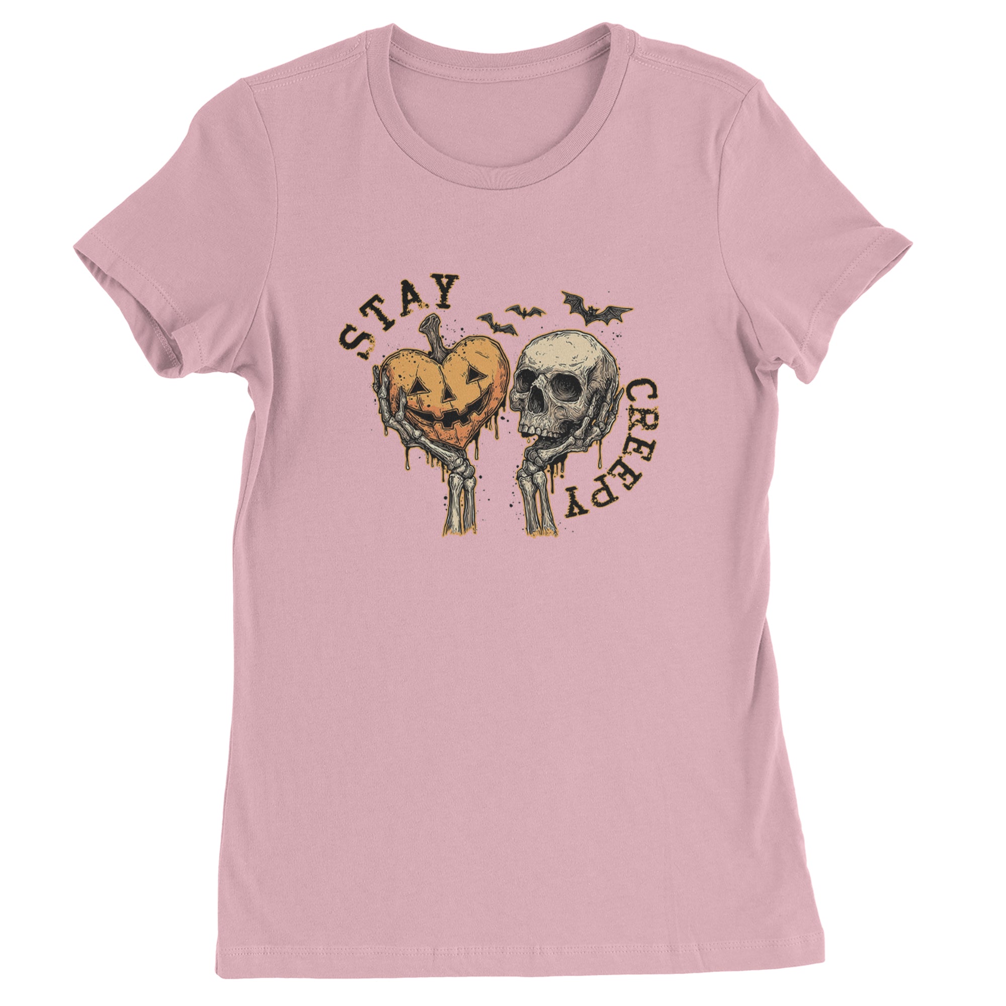 Stay Creepy Skull and Pumpkin Halloween Womens T-shirt Light Pink