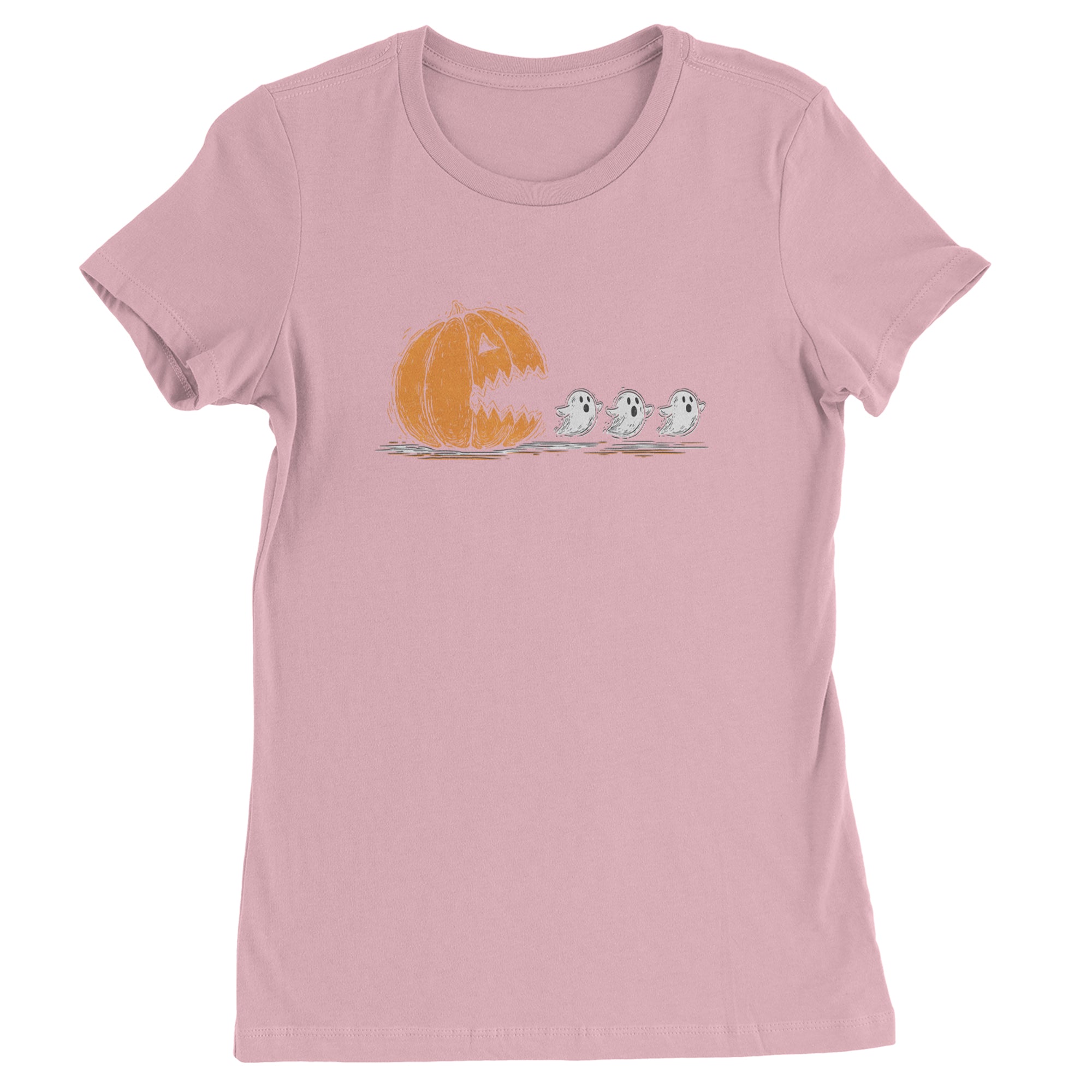 Pumpkin Pacman Chasing Ghosts Halloween Womens T-shirt Light Pink
