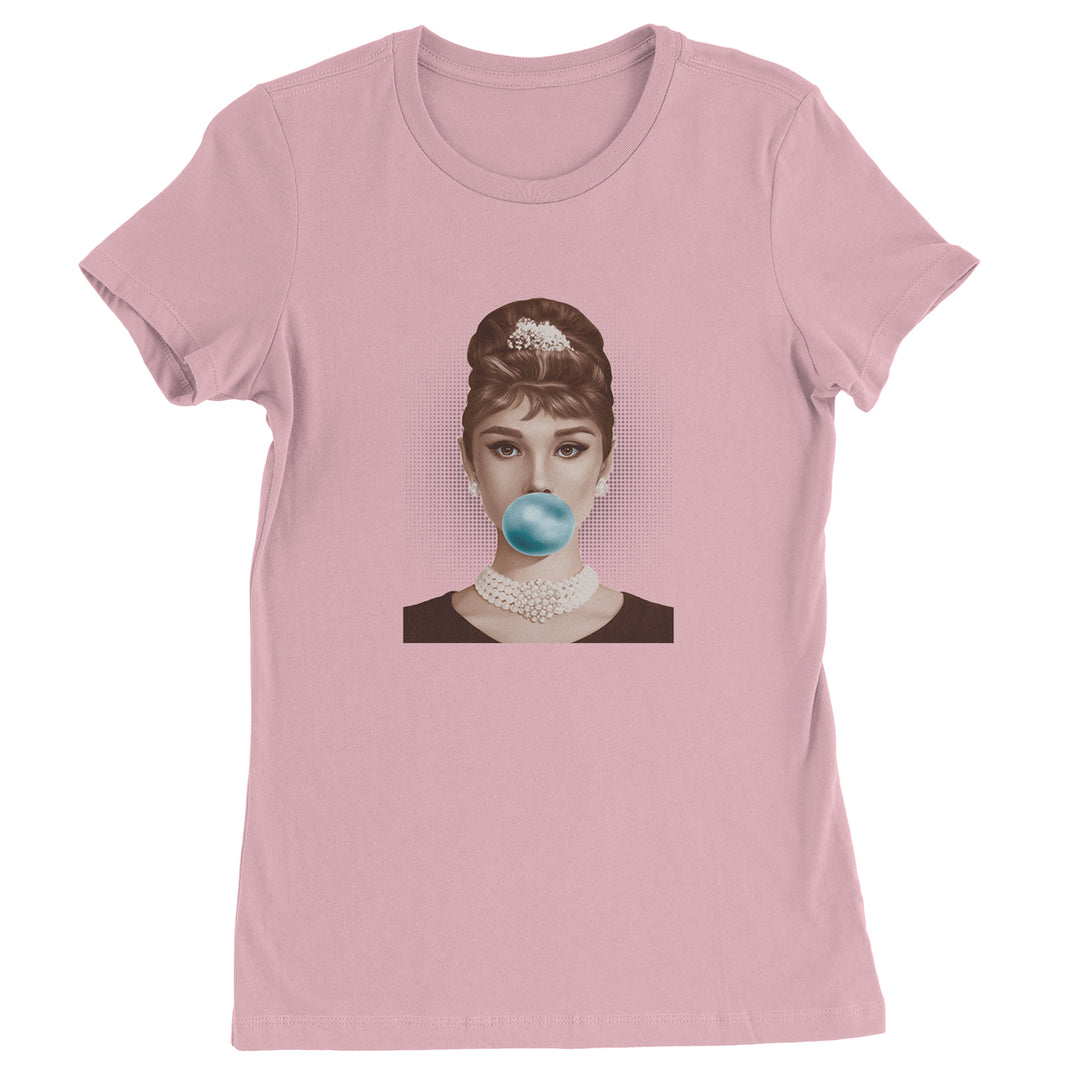 Women's Heavyweight Cotton T-Shirt with an Audrey Hepburn inspired pop-art portrait blowing a bright blue bubble gum bubble