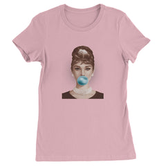 Women's Heavyweight Cotton T-Shirt with an Audrey Hepburn inspired pop-art portrait blowing a bright blue bubble gum bubble