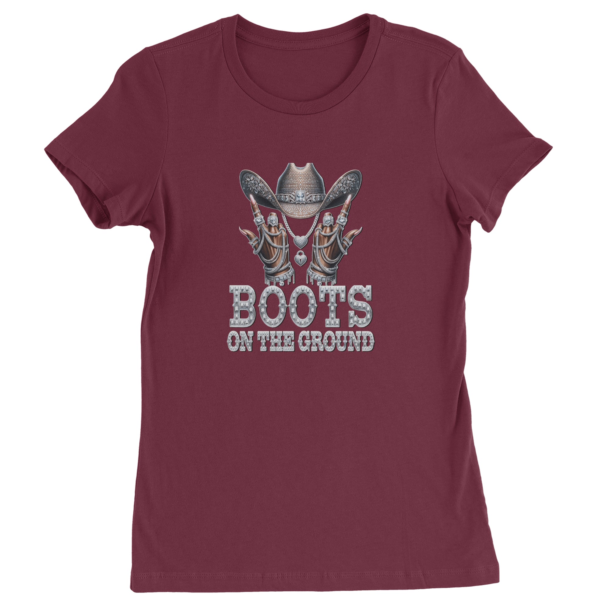 Boots On The Ground Bling Womens T-shirt Maroon