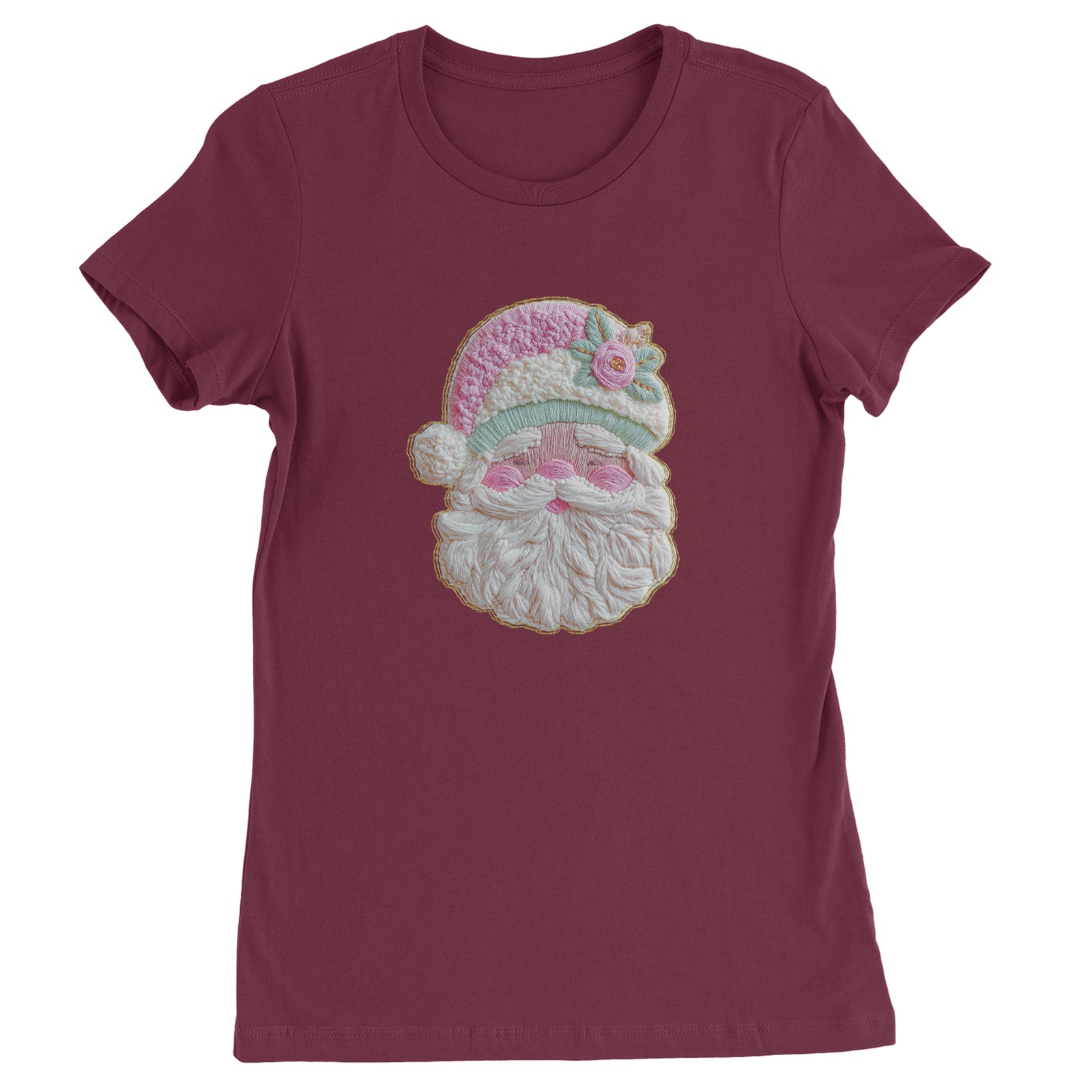Vintage Santa Embroidery Art Soft Cottagecore Womens T-shirt Maroon
