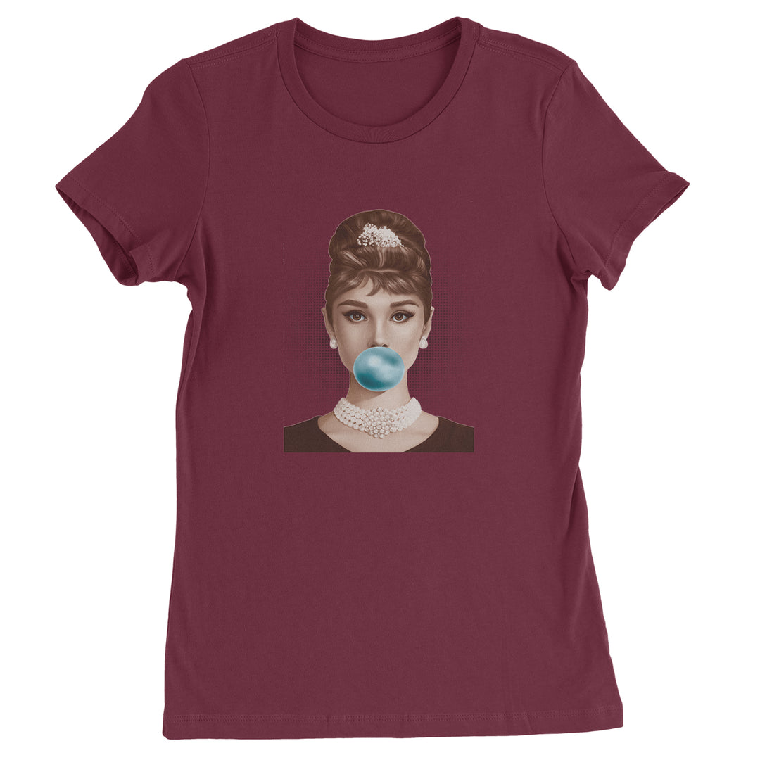 Audrey Hepburn Chewing Bubble Gum American Icon Womens T-shirt Maroon