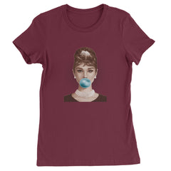 Audrey Hepburn Chewing Bubble Gum American Icon Womens T-shirt Maroon