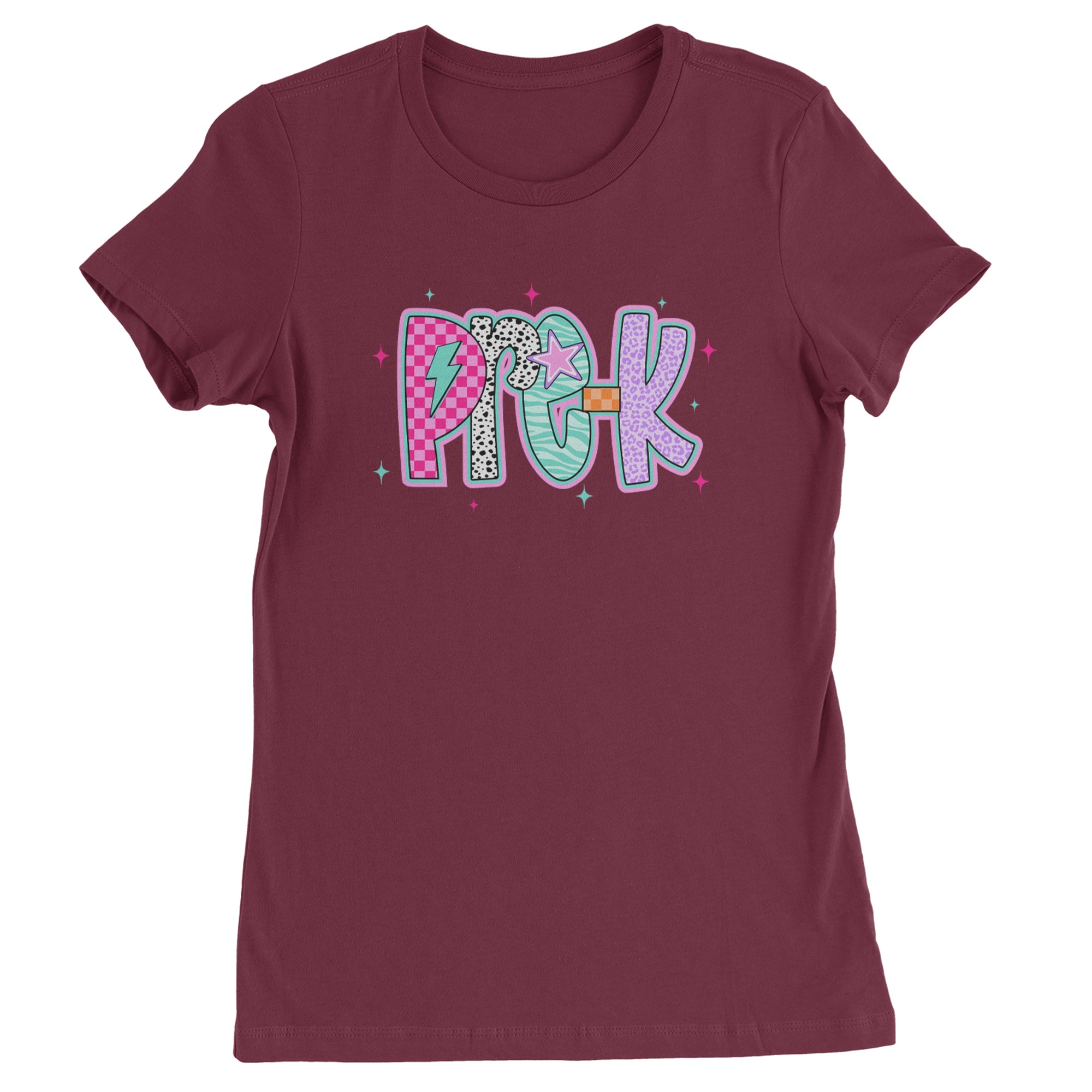 Pre-K Party Time Colorful Back to School Womens T-shirt Maroon